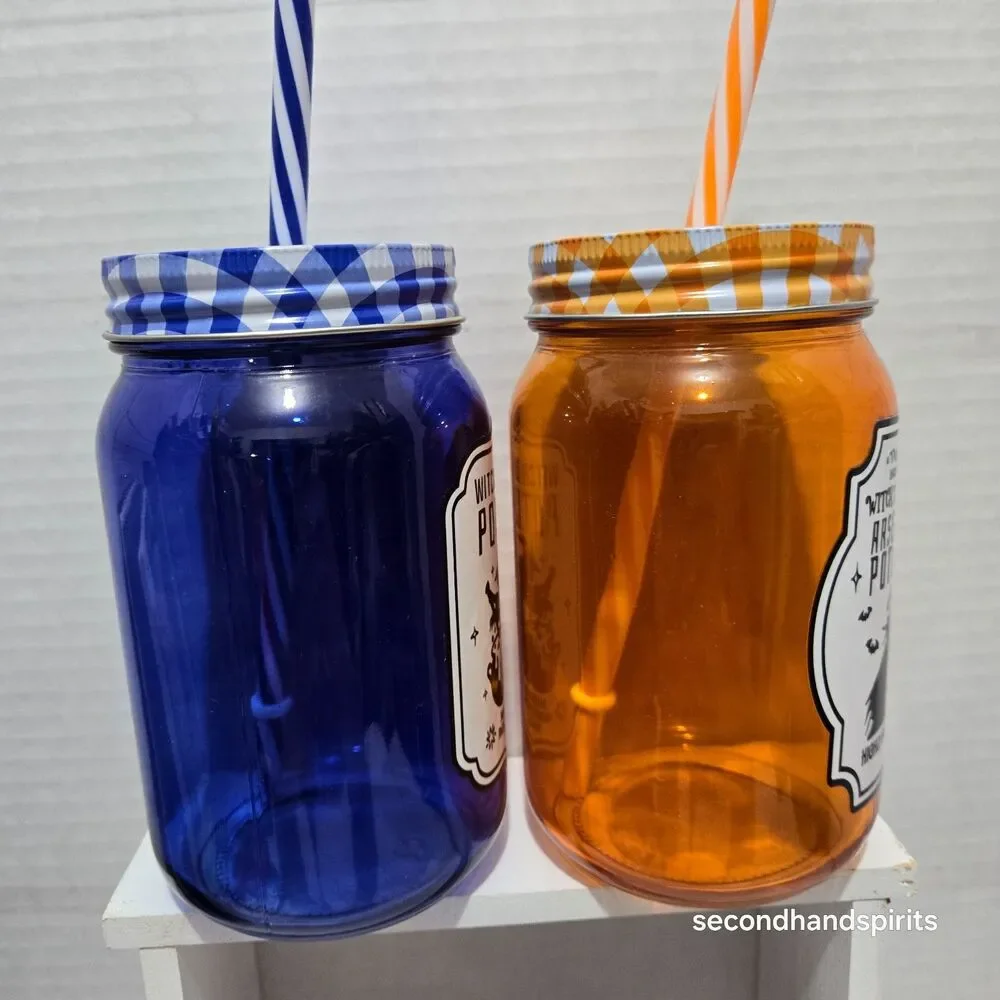 Witchy Halloween Glass Tumblers with Lids Straws 16oz Set of 2 Hand Decal Cups